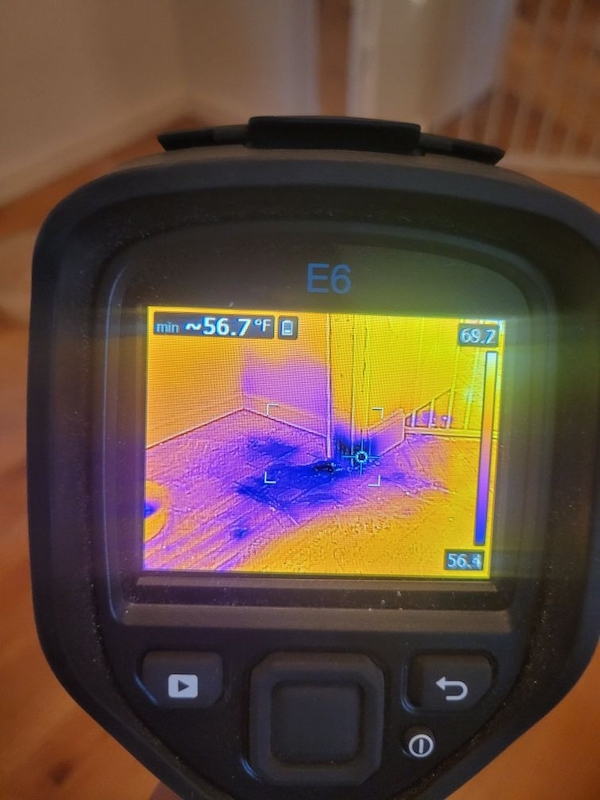 Thermal Image shows moisture soaked into floor & walls